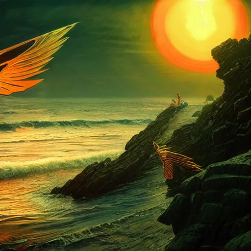 Prompt: illuminated tron wings in front of a lsd sunset, cliffside ocean scene, diffuse lighting, hyper realistic, elegant, intricate, hyper detailed, smooth, sharp focus, concept art, illustration, trending on artstation, art by artem demura, greg rutkowski, james gurney, and alphonse mucha