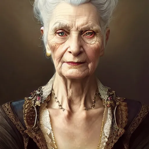 Image similar to portrait painting of an extremely fancy elderly woman with a devious expression, gaslamp fantasy, victorian, ultra realistic, concept art, intricate details, eerie, highly detailed, photorealistic, octane render, 8 k, unreal engine. art by artgerm and greg rutkowski and charlie bowater and magali villeneuve and alphonse mucha