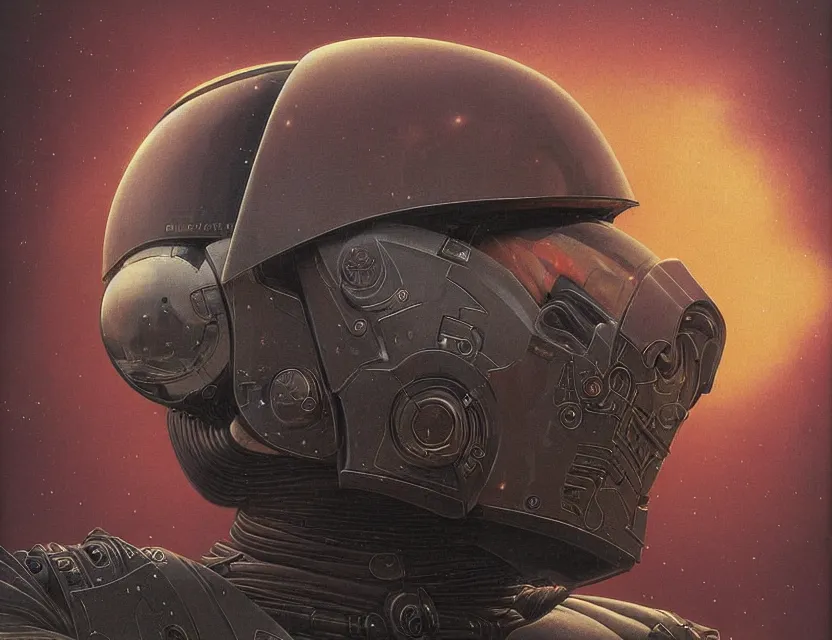 Image similar to a detailed close up portrait painting of a bounty hunter in combat armour and visor. cinematic sci-fi poster. Flight suit, accurate anatomy. portrait symmetrical and science fiction theme with lightning, aurora. lighting. clouds and stars. Futurism by beksinski carl spitzweg moebius and tuomas korpi. baroque elements. baroque element. intricate artwork by caravaggio. Oil painting. Trending on artstation. 8k