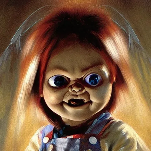 Image similar to the doll chucky as an accurate angel described in the old testament, oil painting, by greg rutkowski
