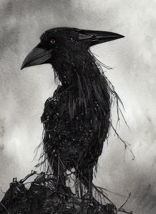 Prompt: portrait, The crow that watches over the souls of the dead, watercolor, dramatic lighting, cinematic, establishing shot, extremely high detail, foto realistic, cinematic lighting, pen and ink, intricate line drawings, by Yoshitaka Amano, Ruan Jia, Kentaro Miura, Artgerm, post processed, concept art, artstation, matte painting, style by eddie mendoza, raphael lacoste, alex ross