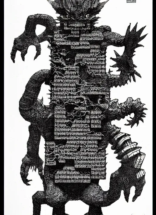 Image similar to the pokemon missingno as a d & d monster, pen - and - ink illustration, etching, by russ nicholson, david a trampier, larry elmore, 1 9 8 1, hq scan, intricate details, high contrast