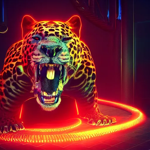 Image similar to portrait of a neon cyberpunk cyborg jaguar animal snarling, octane render