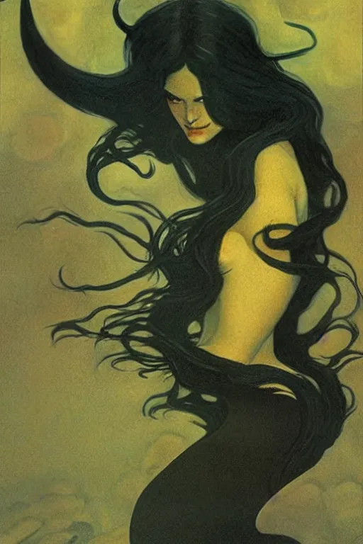 Prompt: dark evil mermaid with long flowing hair, by N.C. Wyeth, Bernie Wrightson