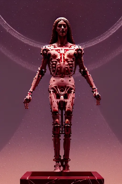 Image similar to a statue jesus on cross made of red marble, perfect symmetrical body, full body shot, white biomechanical, wearing epic bionic cyborg implants, space station, masterpiece, intricate, biopunk, vogue, highly detailed, artstation, concept art, background galaxy, cyberpunk, octane render