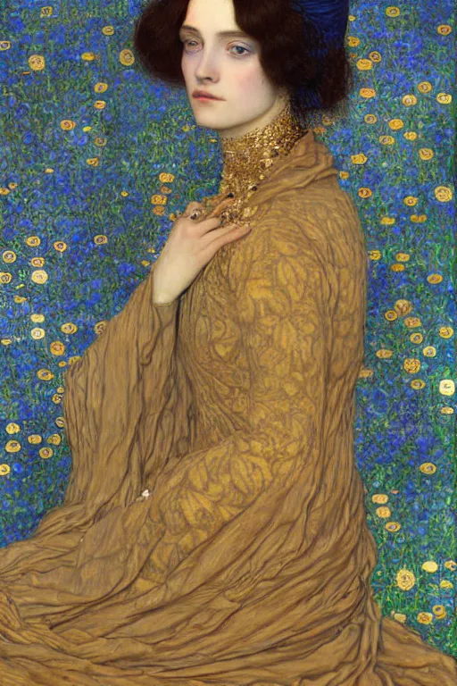 Image similar to Portrait of a Beautiful sad female, elegant, digital painting, Pre-Raphaelites, highly detailed, concept art, smooth, sharp focus, gold and indigo, illustration, art by Klimt .