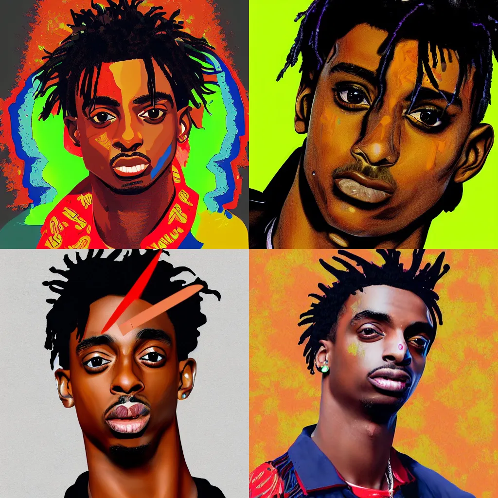 Prompt: playboi carti, accurate anatomy, highly detailed, digital art, centered, portrait, colored vibrantly