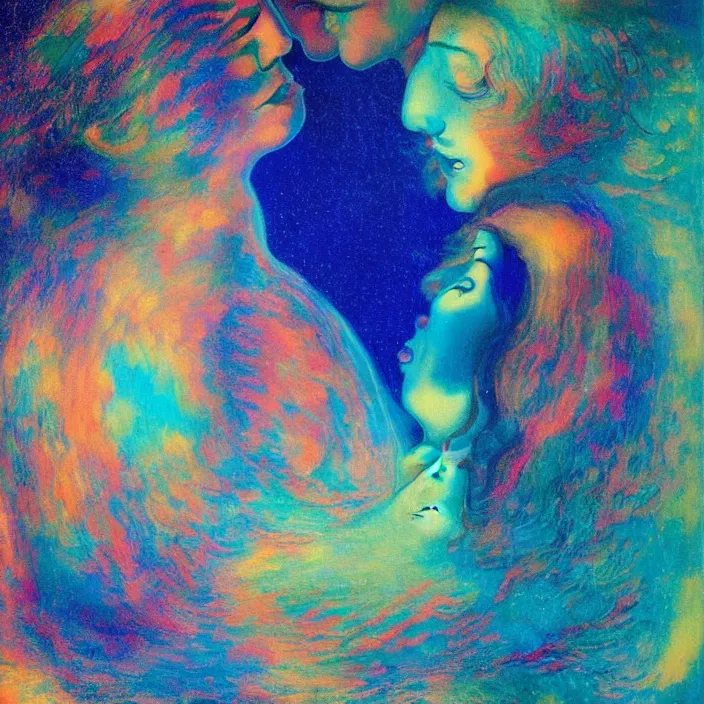 Image similar to close portrait of woman and man kissing. aurora borealis. iridescent, psychedelic lapis - lazuli, turquoise colors. painting by salvador dali, agnes pelton, utamaro, monet