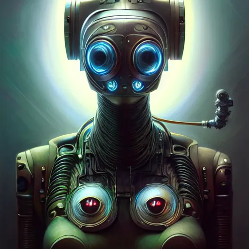 Image similar to front shot of a cyberpunk gazmask robot character, intricate, elegant, highly detailed, centered, digital painting, artstation, concept art, smooth, sharp focus, illustration, artgerm, Tomasz Alen Kopera, Peter Mohrbacher, donato giancola, Joseph Christian Leyendecker, WLOP, Boris Vallejo