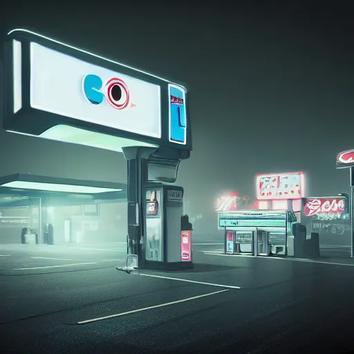 Image similar to a convenience store at a gas station in the dark and misty night, observed from afar in the fog, cyberpunk style ( 2 0 6 0 ), retro futuristic style