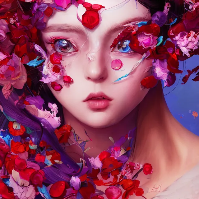 Image similar to studio portrait absurdly beautiful, elegant, lovely, young hypercolorful sensual anime woman rubies red petals gems, ultrafine hyperrealistic detailed face illustration by kim jung gi, irakli nadar, intricate linework, sharp focus, bright colors, matte, octopath traveler, final fantasy, unreal engine highly rendered, global illumination, radiant light, intricate rainbow environment