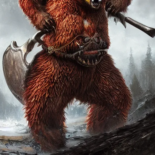 Image similar to Anthropomorphized Roaring Bear in full armor carrying big Axe, full body, menacing pose, concept art, insanely detailed and intricate, hypermaximalist, elegant, ornate, hyper realistic, super detailed, tribal red atmosphere, Art Deco, cinematic, trending on artstation, magic the gathering artwork