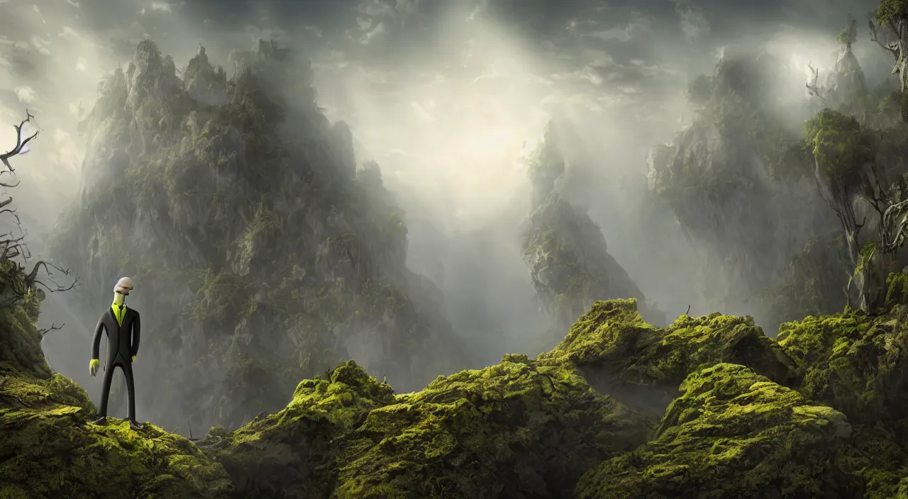 Prompt: photorealistic matte painting of mr burns from the simpsons standing far in misty overgrowth undergrowth jagged rock features volumetric fog light rays high contrast dawn