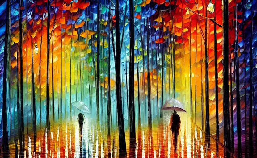 Prompt: walking through a gloomy forest in the rain at night by leonid afremov, oil painting!!!, intricate details!!!, fine brush!!!!!!