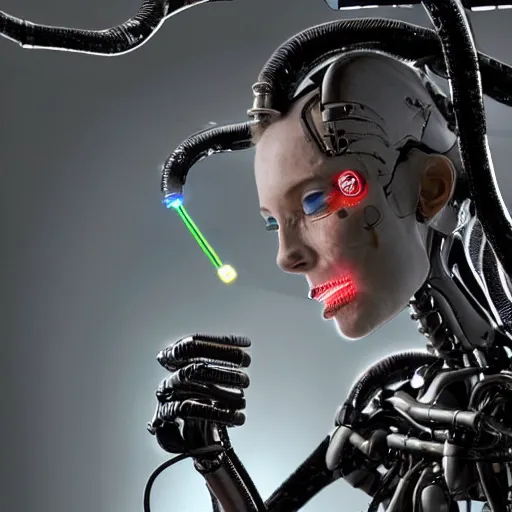 Prompt: the upper torso of a terminator cyborg lady with borg implants, human face and robotic snakes coming out of her head is hanging from cables and wires off the ceiling of a lab. Her bottom half is missing with cables hanging out. She is taking a sip from a cup of coffee. Tiny green led lights in her cybernetics. very detailed 8k. Horror cyberpunk style.