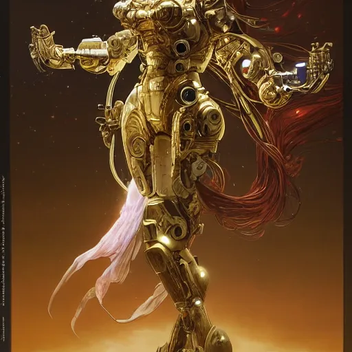 Image similar to a stunning dynamic pose full body of a celestial robot, intricate, 8k highly professionally detailed, hdr, CGSociety, dark fantasy, dynamic lighting, cinematic, pristine, smooth, cosplay, elegant, sharp focus, art by alphonse mucha and greg rutkowski,