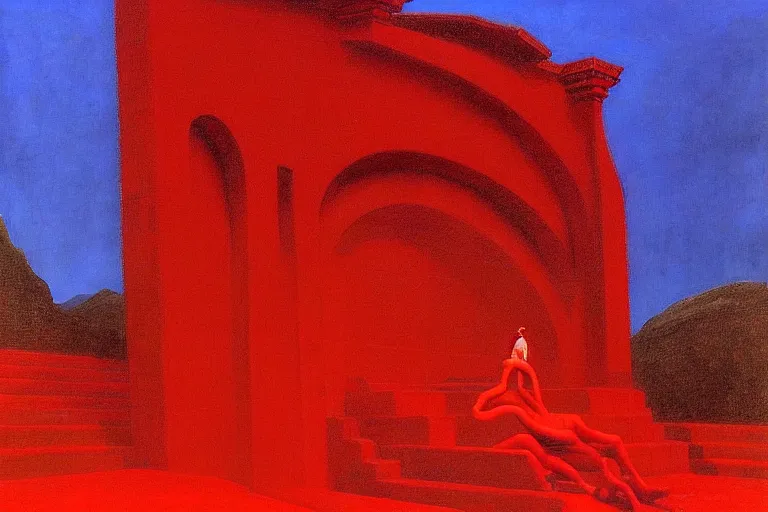 Image similar to only with red, a red melted emperor, taormina amphitheatre, crowd hails him, in the style of beksinski, parts by edward hopper, parts by rodcenko, parts by yue minjun, intricate and epic composition, red by caravaggio, insanely quality, highly detailed, masterpiece, red light, artstation, 4 k