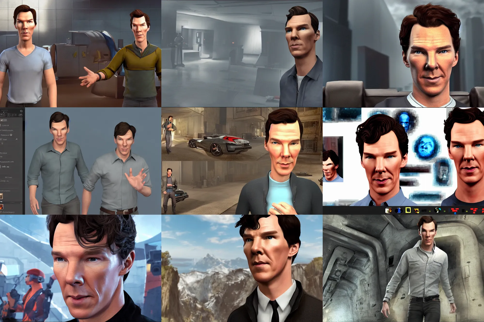 Prompt: a screenshot of benedict cumberbatch in the video game portal. 3 d rendering. unreal engine. amazing likeness. very detailed. cartoon caricature.