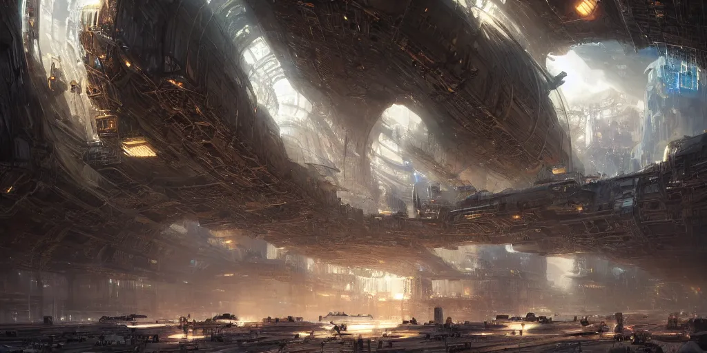 Prompt: a vibrant marketplace on the edge of space, in a massive cavernous iron city, dappled light, colossal arcing metal structures high in the cavernous metal interior, sci - fi, beautiful, awe inspiring, by james gurney, greg rutkowski, sparth, thomas kinkaide, cinematography, cinematic masterpiece