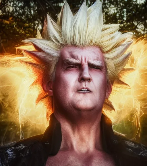 Image similar to award winning 5 5 mm close up portrait color photo of super saiyan trump, in a park by luis royo. anime horror style. soft light. sony a 7 r iv