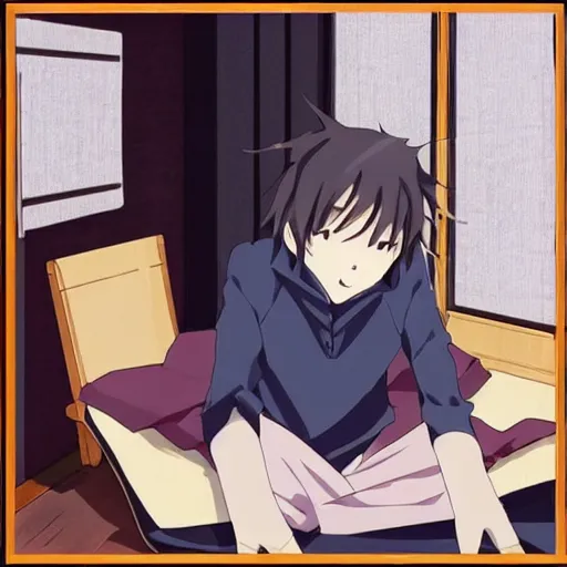 Image similar to “Hikigaya Hachiman sitting on his bed”