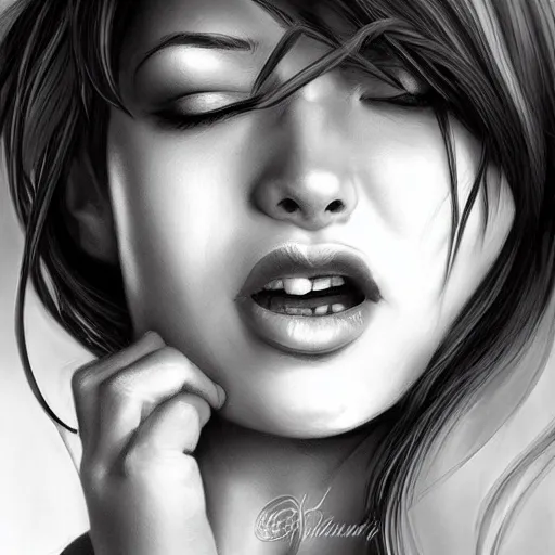 Prompt: the mouth a bit open, the eyes half closed when gentile aroused a smile. by artgerm