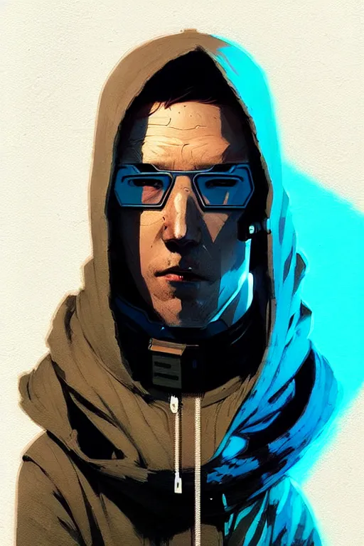 Image similar to cyberpunk synth, hyper - realistic portrait of a man in a hoodie, cyberpunk, by atey ghailan, by greg rutkowski, by greg tocchini, by james gilleard, by joe fenton, by kaethe butcher, dynamic lighting, gradient light blue, brown, blonde cream and white color scheme, grunge aesthetic