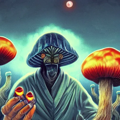 Image similar to A centered chest up portrait of a psychedelic godlike atlas mothman smoking a hand-rolled cigarette smoking heavily , magic mushroom village in background , award winning. superb resolution. in the art style of junji Ito and greg rutkowski . Detailed Mushroom city in background. Hyper realistic anime. Perfect art. Dalle2