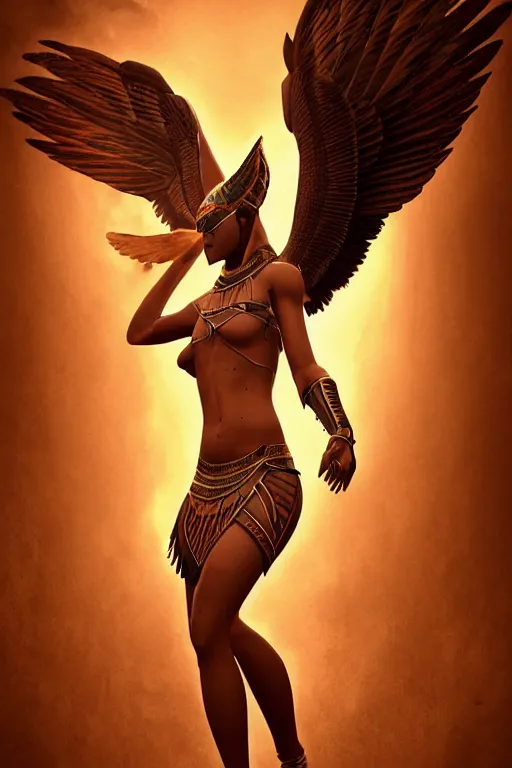 Image similar to rendering by octane, unreal engine, aesthetic, full body skin Egyptian god with an eagle head, animalistic Face like a eagle, realistic feathers, realistic eagle beak , microdetail, in the style of Charlie Bowater and Waterhouse, symmetrical, cinematic lighting, elegant, oil painting, cinematic, portrait, Raphaelite, magical background, magical realism, body shot