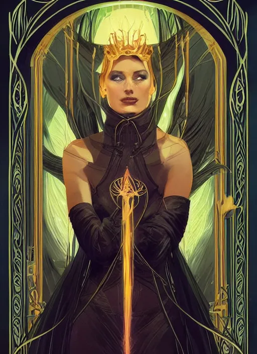 Image similar to tarot!!, high priestess, no noise, elegant, concept art, sharp focus, beautiful face!!, digital art, smooth defined outlines!!, human anatomy, human structure, vector background, dark fantasy, by Brom, trending on Artstation, Tom Bagshaw, Sargent