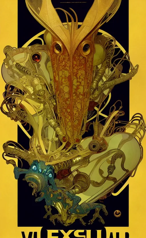 Image similar to exquisite imaginative alien creature poster art, gold, movie art, by lucusfilm, weta studio, alphonso mucha, james jean, frank frazetta, 8 k, denoised