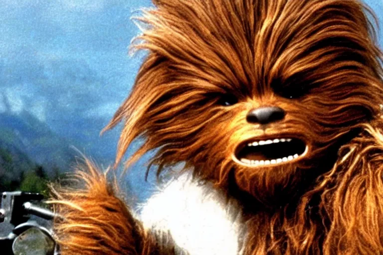 Prompt: A high quality movie still from the film Goonies, starring Chewbacca