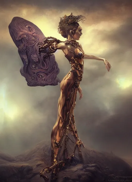 Prompt: epic portrait of menacing and proud yet stunningly beautiful biomechanical djinn overseeing the iridescent fabric of the universe, by charlie bowater, mandy jurgens, gustav klimt, octane render, dramatic camera angle, 4k, 8k, high detail, HDR, by tom bagshaw, powerful, with inspiration from Beksinski, inspired by greek goddess Athena