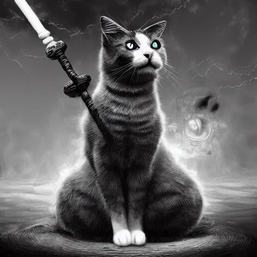 Prompt: fantasy black and white cat holding magic staff, high detail, digital art, concept art, 4k