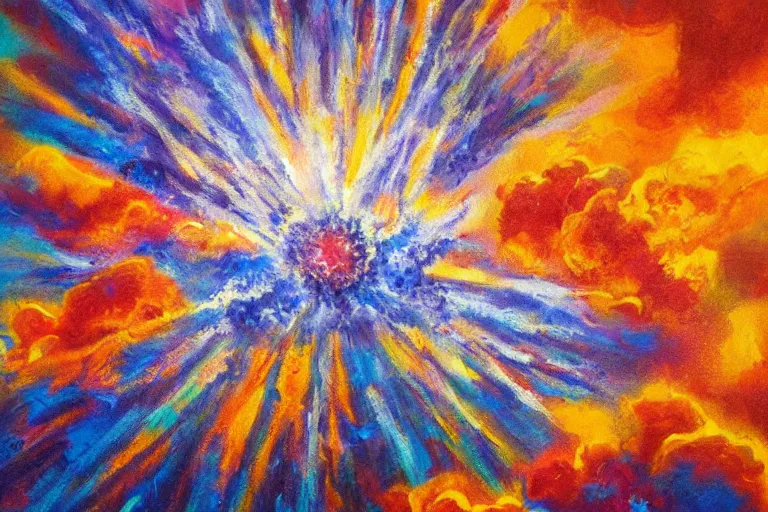 Image similar to oil painting of giant explosion made with flowers, clean blue sky, in style of 80s sci-fi book art