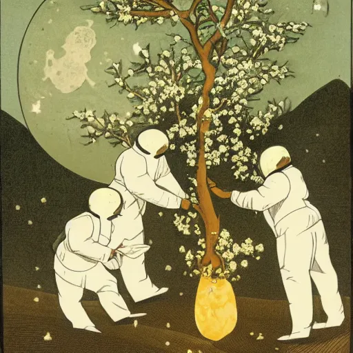 Image similar to A man cuts an osmanthus tree on the moon, surrounded by many small white rabbits.