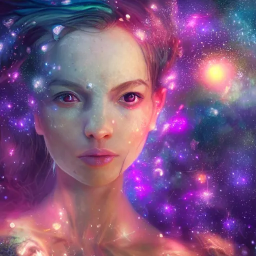 Prompt: portrait of a magical fairy made of galaxies, highly detailed, realistic, octane render, comic book art, space travel, unreal engine, sharp focus, splashes of colors