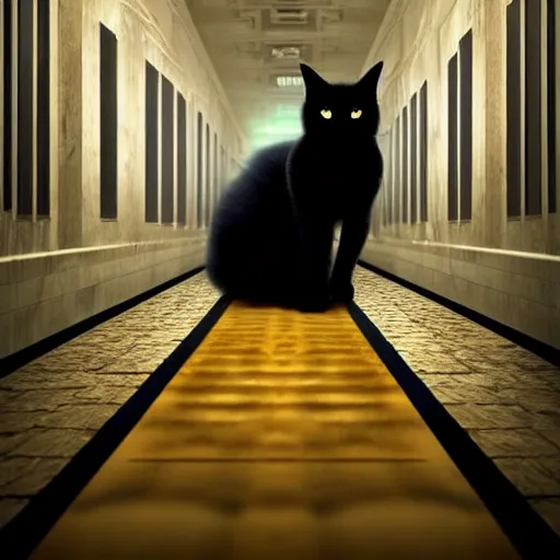 Image similar to a full-body shot of a black void cat with golden glowing eyes at the end of a scary hallway, fairytale, nightmare, hauntingly beautiful, elegant, super detailed, Octane render, reflections