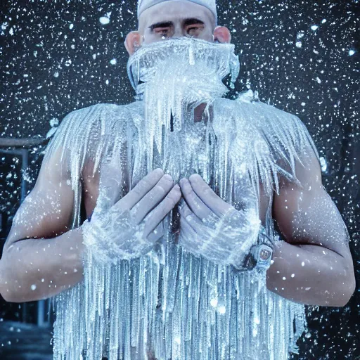 Image similar to ultra detailed photo of a man with many icey arms covering his entire body