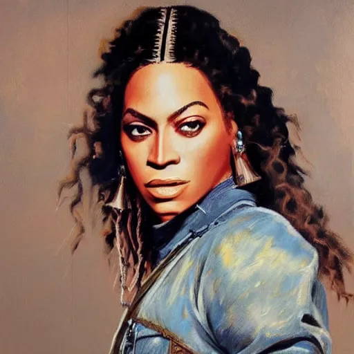 Prompt: ultra realistic portrait painting of beyonce as a western outlaw, art by frank frazetta, 4 k, ultra realistic, highly detailed, epic lighting.
