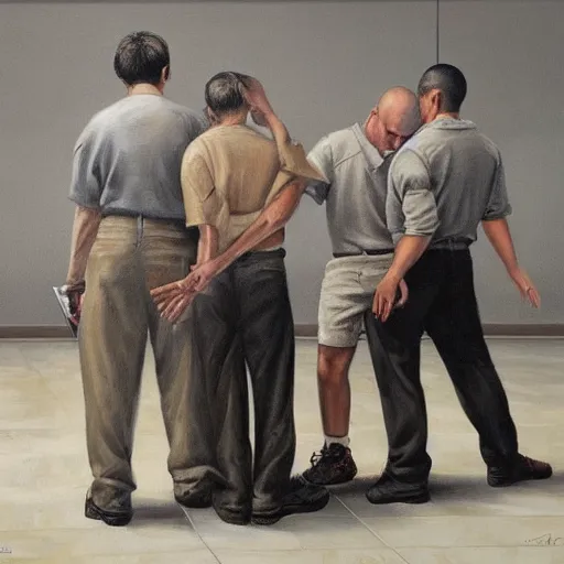 Image similar to hyperrealism painting of prisoners scheming to escape prison while guards are distracted