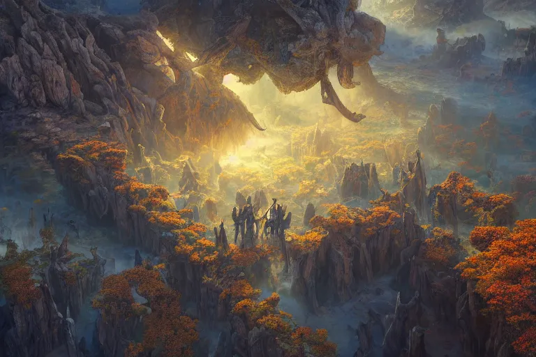 Image similar to high aerial shot, cinematic fantasy painting, dungeons and dragons, desert valley of bones with autumn maple bonsai, with sunset lighting ominous shadows by jessica rossier and brian froud