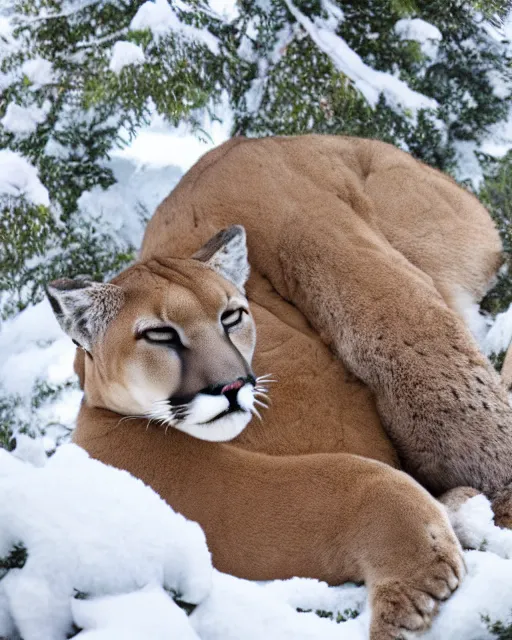 Image similar to postcard showing 'a cougar sleeping in the middle of snowy pine tree' laying on coffee table, zoomed out, HD, iphone capture