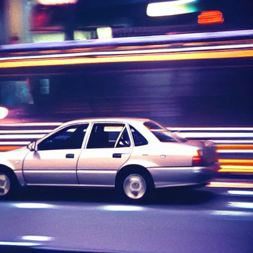 Prompt: silver corolla ae 1 1 0 rides on tokyo highway, night, high traffic, photograph from 1 9 9 9 year