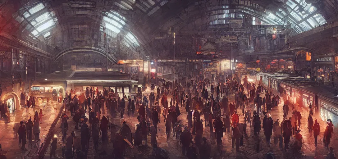 Prompt: some people waiting in train station in qiet dark city, hyper detailed, orange red blue tones dramatic lighting, cgsociety, realistic, hyper detailed, insane details, intricate, dramatic lighting, hypermaximalist, golden ratio, rule of thirds, octane render, weta digital, micro details, ultra wide angle, artstation trending, 8 k,