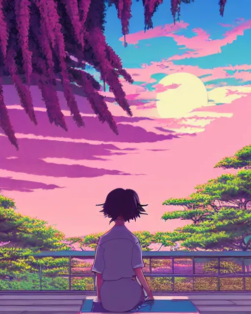 Image similar to detailed aesthetic vaporwave illustration of a girl sitting on the rooftop anime digital art award winning scenery cinematic scene sunset in japan by studio ghibli