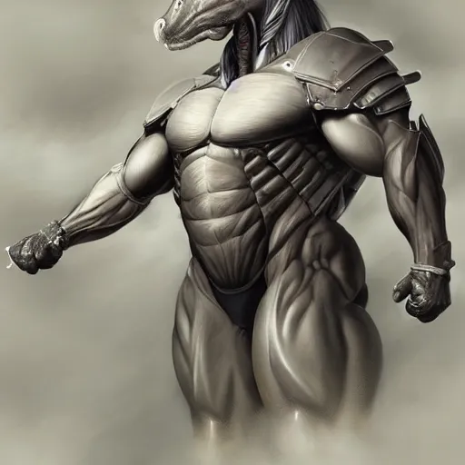 Image similar to an anthropomorphized horse with a enormously muscular body in a research facility wearing a skintight body armor, long white mane, equine, anthro art, furaffinity, highly detailed, digital painting, artstation, concept art, illustration, art by artgerm, greg rutkowski, ruan jia