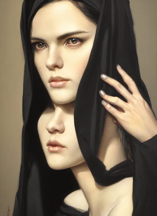 Prompt: a teenage fit girl with very short black hair and a huge cloak made of black fabric. beautiful highly detailed face. beautiful painting by artgerm and greg rutkowski and raymond swanland, detailed portrait, closeup