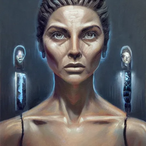 Prompt: detailed face of a woman with obsidian eyes in a architectonic courtyard with dna sculptures at a science expo, atmospheric, ambient, pj crook, syd mead, livia prima, artgerm, greg rutkowski, nick alm, casey baugh