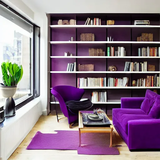 Image similar to award winning interior design city apartment, cozy, fabrics and textiles, deep purple accent color, book shelf, couch, desk, balcony door, plants, photograph magazine, wide angle